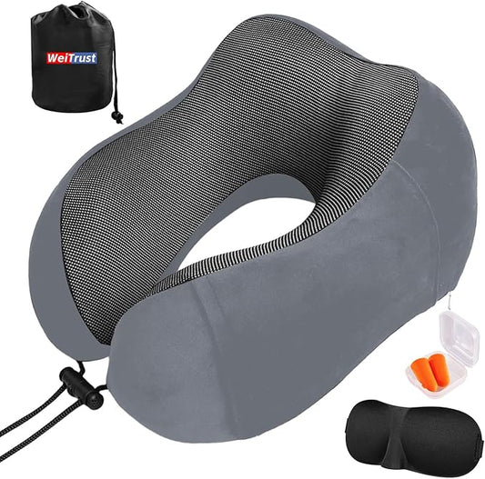 Travel Neck Pillow for Airplane, Memory Foam Travel Pillow for Long Flights & Car Rides - Ergonomic Support with Eye Mask & Ear Plugs (Gray)