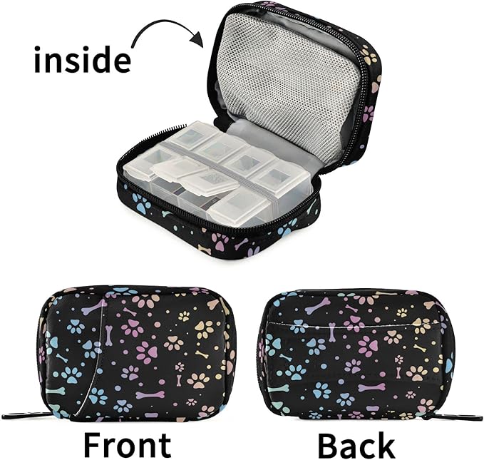 Fustylead Animal Paw and Bone Travel Pill Organizer Case Zipper for Purse with Removable Weekly Pill Box for Medicine, Vitamin, Supplement Medicine Organizer