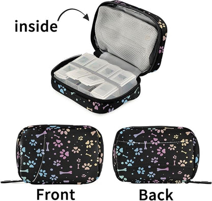 Fustylead Animal Paw and Bone Travel Pill Organizer Case Zipper for Purse with Removable Weekly Pill Box for Medicine, Vitamin, Supplement Medicine Organizer