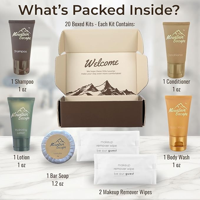 20 Display Ready Boxed Amenity Kits with Premium Hotel Toiletry Essentials - 1 oz Shampoo, Conditioner, Body Wash, Body Lotion, 1.2 oz Guest Soap & 2 Makeup Remover Wipes - Air bnb & Vacation Rentals