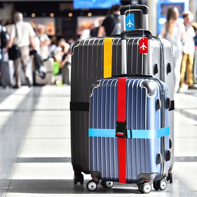 Weewooday 8 Pcs Luggage Straps Suitcase Tags Set for TSA Approved, 4 Travel Adjustable Suitcase Belt, 4 Silicone Luggage Tags with Name ID Card Travel Accessories(Red, Blue, Black, Yellow,Airplane)