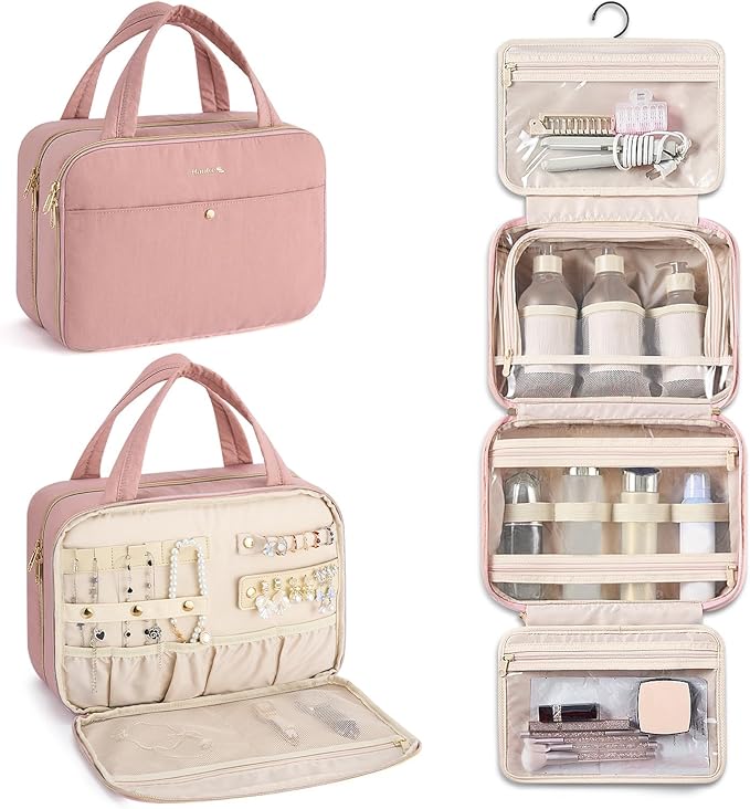 Hanke Hanging Travel Toiletry Bag for Women with Jewelry Organizer Compartment, Travel Essentials Toiletries and Makeup Bag, Water-Resistant & Stain-Resistant with Trolley Strap (Pink)