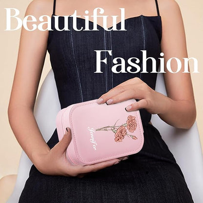 CALLIE Travel Jewelry Organizer - Personalized Birth Flower Leather Jewelry Case with Mirror, Birthday Gifts Mothers Day 2025 Graduation Wedding Christmas Gifts for Her