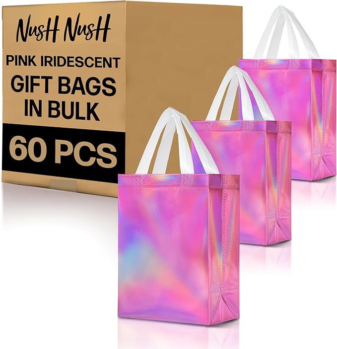 Nush Nush Pink Iridescent Gift Bags Bulk Medium Size – Set of 60 Reusable Holographic Pink Gift Bags Bulk With Handles - For Small Business, Bridal Shower, Birthday Party Favor, Christmas – 8x4x10