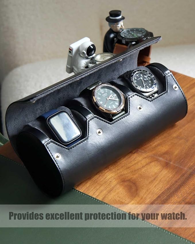 Premium Leather Watch Travel Case - 3 Slot Portable Storage Box With Variable Size Pillow Design, Roll Organizer for Men and Women, Black With Faux Suede Fabric Lining
