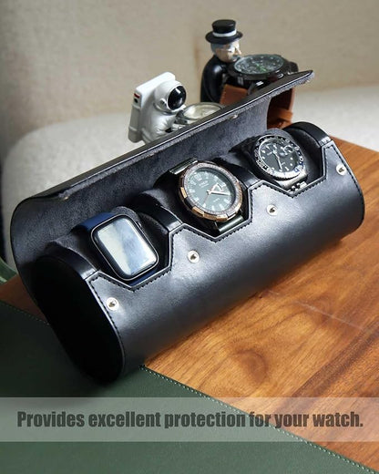 Premium Leather Watch Travel Case - 3 Slot Portable Storage Box With Variable Size Pillow Design, Roll Organizer for Men and Women, Black With Faux Suede Fabric Lining