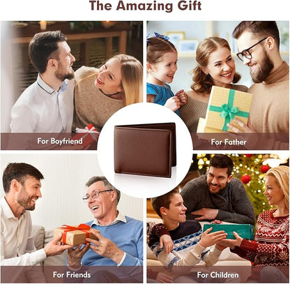 Genuine Leather Slim Bifold Wallet for Men, RFID Blocking Minimalist Design with ID Window and 6 Card Slots (Brown)