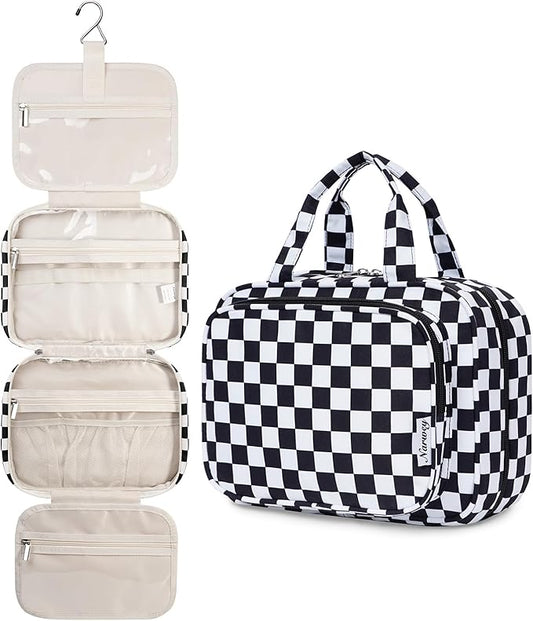 Narwey Hanging Toiletry Bag for Women Travel Makeup Bag Organizer Toiletries Bag for Travel Size Essentials Accessories Cosmetics (Black Checkerboard (Medium))
