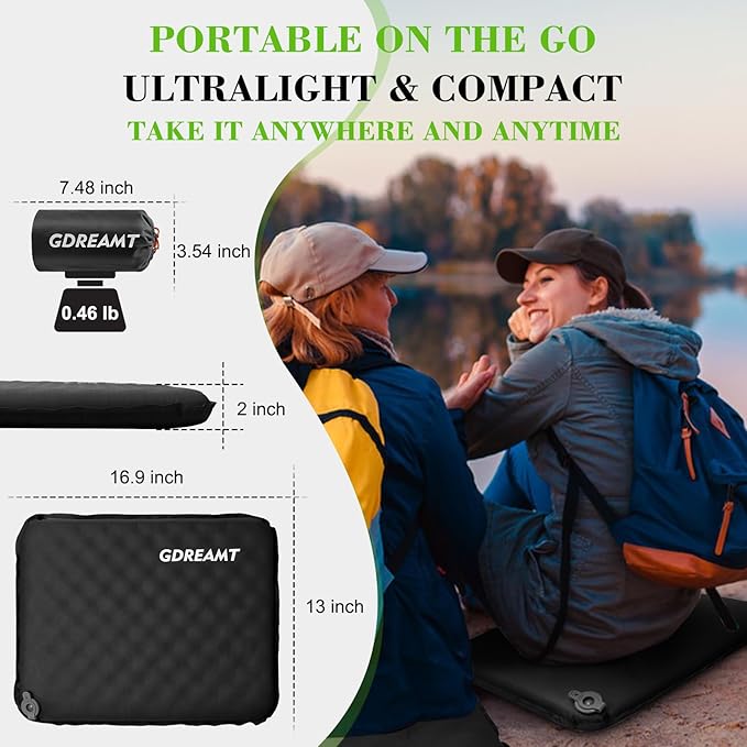 Inflatable Seat Cushion, Self-Inflating Memory Foam Stadium Seats Cushion Portable Camping Air-Foam Sitting Pad for Travel Airplane Car Bleachers Backpacking Office, Lightweight & Compact