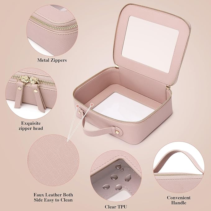 Pinkmik Clear Makeup Bag for Women Waterproof Travel Cosmetics and Toiletries Case Portable Makeup Oaganizer Bag Clear Car Bag with Zipper (Pink, L)