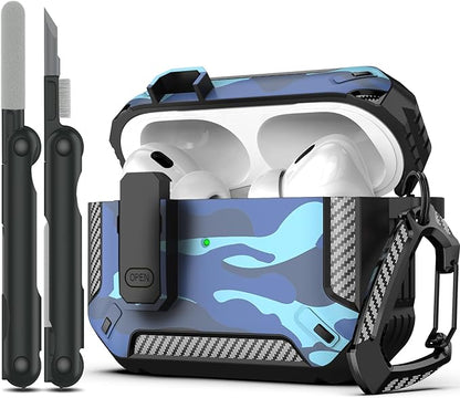 RFUNGUANGO for AirPods Pro 2nd Generation Case Cover with Cleaner Kit, Military Hard Shell Protective Armor with Lock for AirPod Gen 2 Charging Case 2023,2022, Front LED Visible,Grey Camou