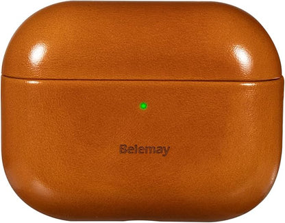 Belemay Handcrafted Oil-Waxed Leather Case for AirPods Pro 3rd Gen (2025), Genuine Cowhide, Smooth Glossy Lively Two-Tone Patina, Compatible with MagSafe, Compatible with Airpods Pro 3, Amber Brown