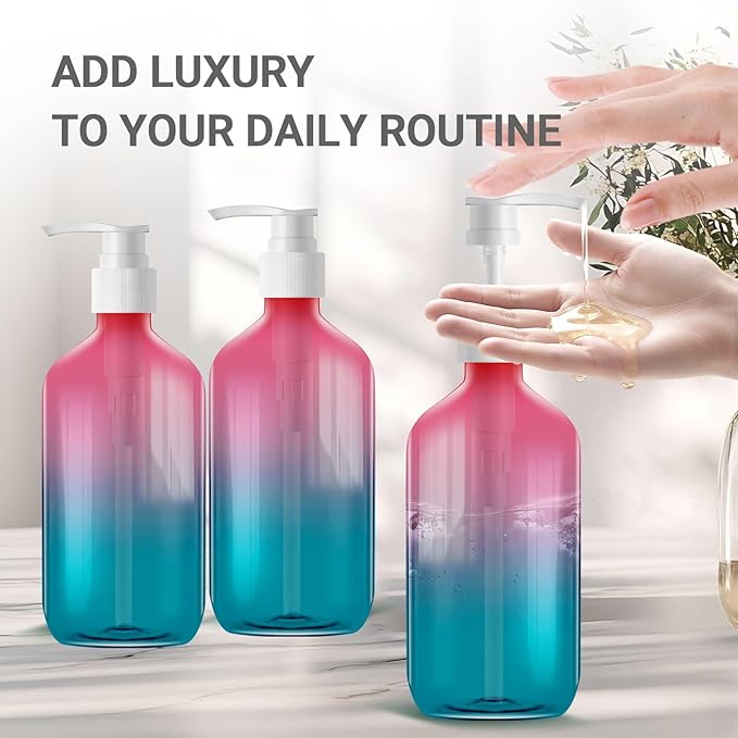 Empty Plastic Gradient Color Bottles with Pump Dispenser and Labels Included, Refillable Travel Containers for Hand sanitizer Shampoo Lotion, etc - No BPA/Parabenf, 500ml/16.9oz (Gradient, 6 Pack)