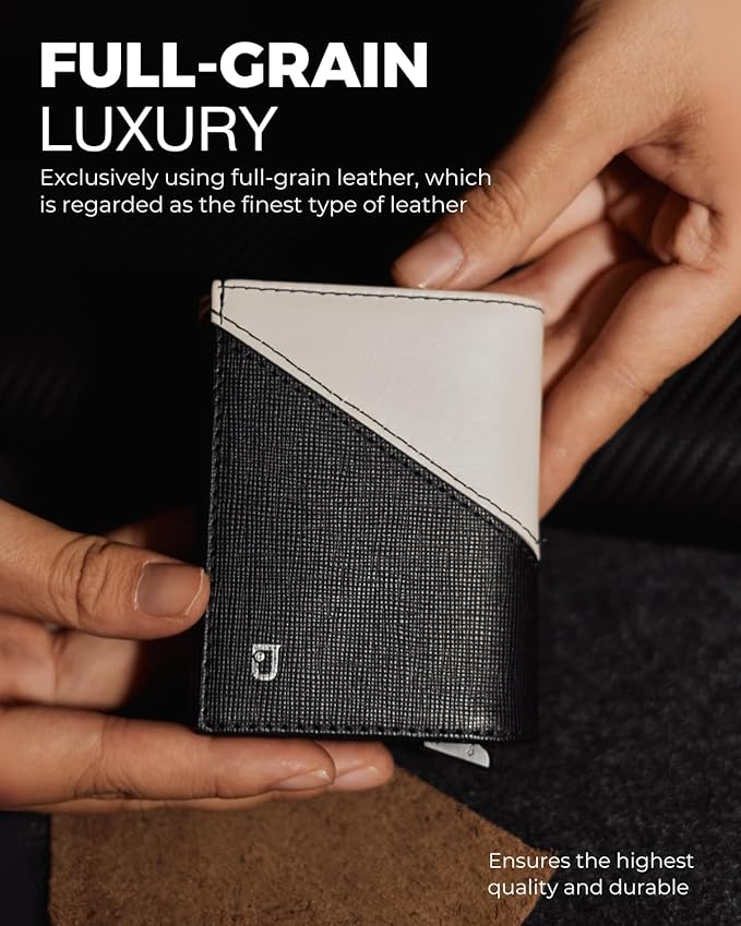 Jenoss Smart Wallet For Men: Full Grain Leather, Handcrafted, Slide Metal Pop Up Case, Slim RFID Blocking Credit Card Holder, Minimalist, Compact 12 Cards Slot Organizers, ID, Money Clip (Black&Cream)