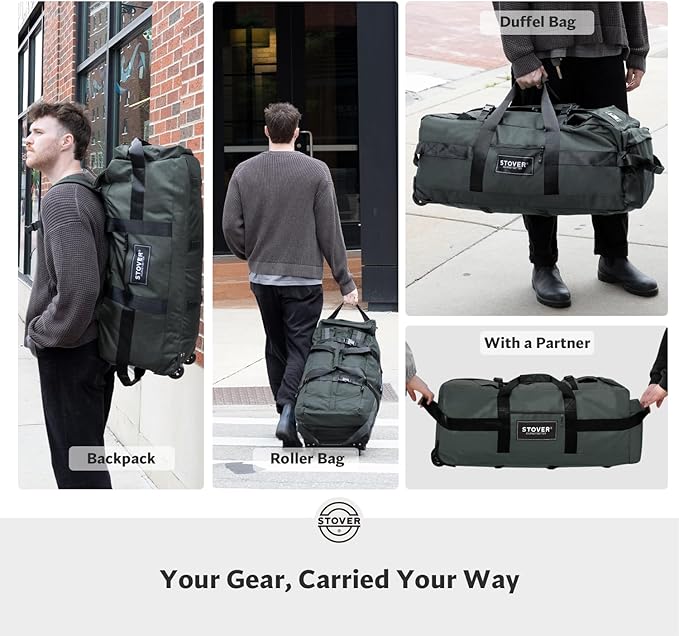 STOVER 80L Rolling Duffel Bag with Wheels, Large Durable Travel Duffle + Toiletry Bag, Heavy Duty, Packable, Foldable with Shoulder Straps- Use as Luggage or Backpack, Men/Women (Grey)
