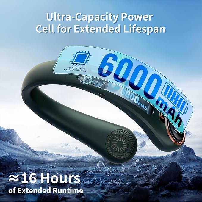 Portable Neck Fan with 6000mAh USB - Rechargeable Battery, 360° Cooling Wearable Fan, 3 Speeds, Ultra-Light Bladeless Neck Fan LED Display (Green)