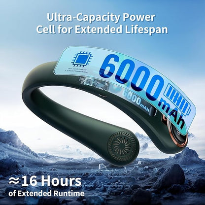 Portable Neck Fan with 6000mAh USB - Rechargeable Battery, 360° Cooling Wearable Fan, 3 Speeds, Ultra-Light Bladeless Neck Fan LED Display (Green)