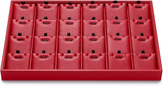 Oirlv Gorgeous Red Leather 24 Grid Jewelry Tray with Removable Inserts Jewelry Cards Stackable Necklace Trays Necklace Drawer Organizer