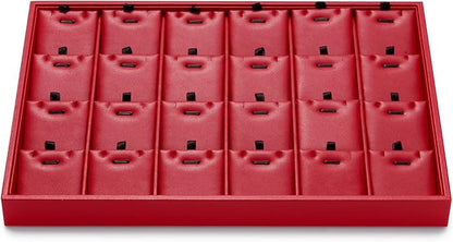 Oirlv Gorgeous Red Leather 24 Grid Jewelry Tray with Removable Inserts Jewelry Cards Stackable Necklace Trays Necklace Drawer Organizer