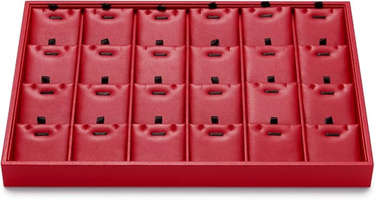 Oirlv Gorgeous Red Leather 24 Grid Jewelry Tray with Removable Inserts Jewelry Cards Stackable Necklace Trays Necklace Drawer Organizer