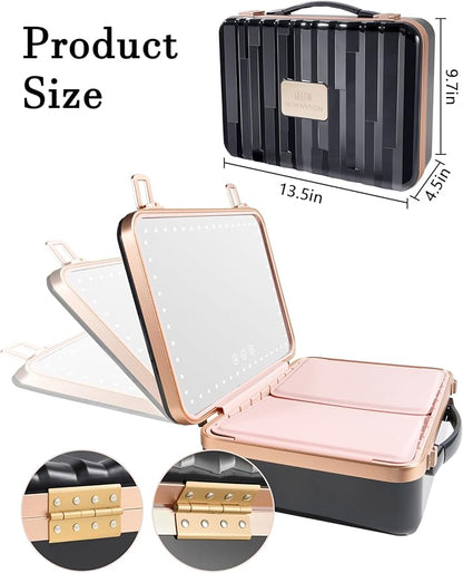 ROWNYEON Travel Makeup Case With Light Up Mirror Removable divider Portable Train Case Organizer Makeup Box for Girls Makeup Artist, Hairstylist Travel Makeup Case with 10x Mirror (Black)