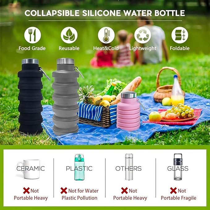 Collapsible Water Bottle,16oz Capacity Portable Reusable Silicone Water Bottle,Leak-proof,with buckle,foldable storage,Lightweight Durable for Fitness,Cycling,Sports,Camping,Hiking (Black+Green)