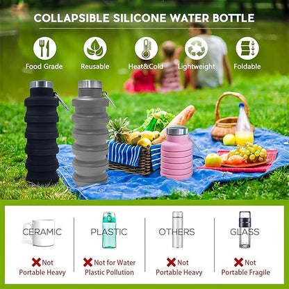 Collapsible Water Bottle,16oz Capacity Portable Reusable Silicone Water Bottle,Leak-proof,with buckle,foldable storage,Lightweight Durable for Fitness,Cycling,Sports,Camping,Hiking (Black+Green)