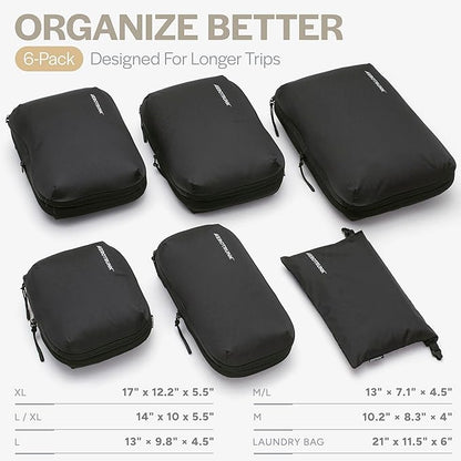 Aerotrunk Ultralight Compression Packing Cubes - Lightweight Travel Organizers for Suitcases and Luggage (6-Pack, Black)
