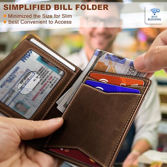 BULLIANT Men Wallet,Top Grain Leather Slim Wallet Magnetic Closure Simplifed Bill Folder RFID Blocking 11Cards