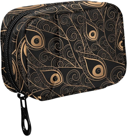 Fustylead Golden Black Peacock Feathers Travel Pill Case Bag with Zipper Weekly Pill Box 8 Compartments 7 Day Personal Pill Case Purse Medicine Case Organizer