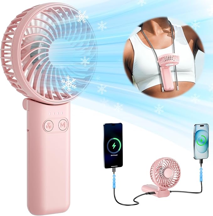 HandFan Upgraded Handheld Fan, 5 Speeds Strong Airflow Hand Fan [Max 27 Working Hours], 180° Foldable Compact Design Personal Fan Handheld with Portable Power for Travel/Disney/Concerts/Women (Pink)