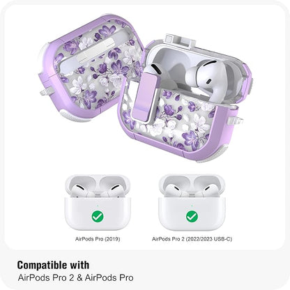 Wenew Case for AirPods Pro & Pro 2 Case Cover Secure Lock Automatic Snap Switch Clip Cleaner Kit Lanyard Women Stylish Armor Full Body Hard Shell Front LED Visible (Purple flower, AirPods Pro & Pro 2)