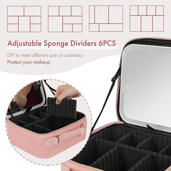 Travel Makeup Bag with LED Mirror Double Layer, Detachable Vanity Mirror with Lights, Tri-light Dimmable, Makeup Case with Adjustable Dividers and Brush Holder Cosmetic Organizer Storage Box