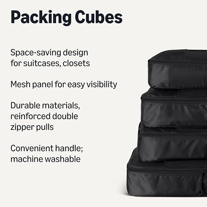 Amazon Essentials 4-Piece Packing Cubes Travel Accessories Set, Luggage Organizer with Double Zipper, Mesh Top, 100% Polyester, Large, Black (Previously Amazon Basics)