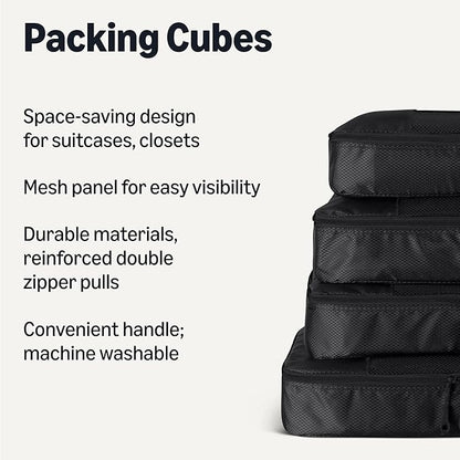 Amazon Essentials 4-Piece Packing Cubes Travel Accessories Set, Luggage Organizer with Double Zipper, Mesh Top, 100% Polyester, Large, Black (Previously Amazon Basics)