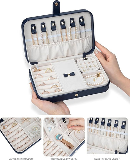 2-Layer Travel Jewelry Box for Women, Portable Jewelry Organizer with Mirror & Removable Dividers, PU Leather Jewelry Case – Gift for Wife, Mom, Girlfriend (Navy White)