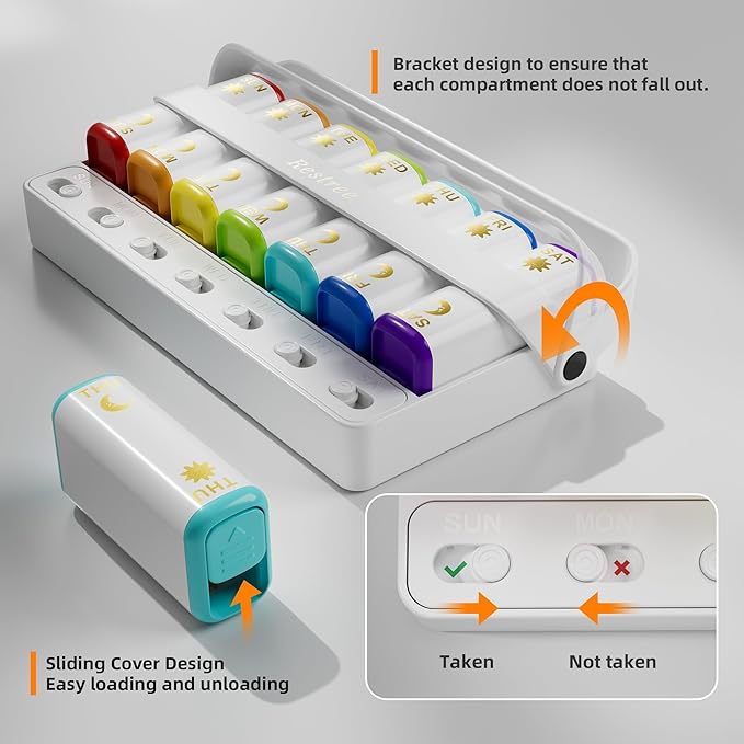 Restree Weekly Pill Organizer Two Time a Day, 7 Day Travel Pill Box, Daily Medicine Organizer, AM&PM Portable Pill Case for Vitamins Fish Oil/Supplements Medication Reminder Design (White)