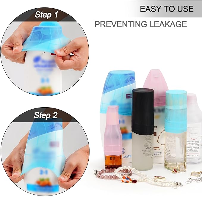 Travel Hanging Toiletry Bag for Women, Large Makeup Bag 8 Leak Proofing Silicone Bottle Covers, Waterproof Cosmetic Bag with Jewelry Organizer Compartment, Toiletries Kit Set, Grey