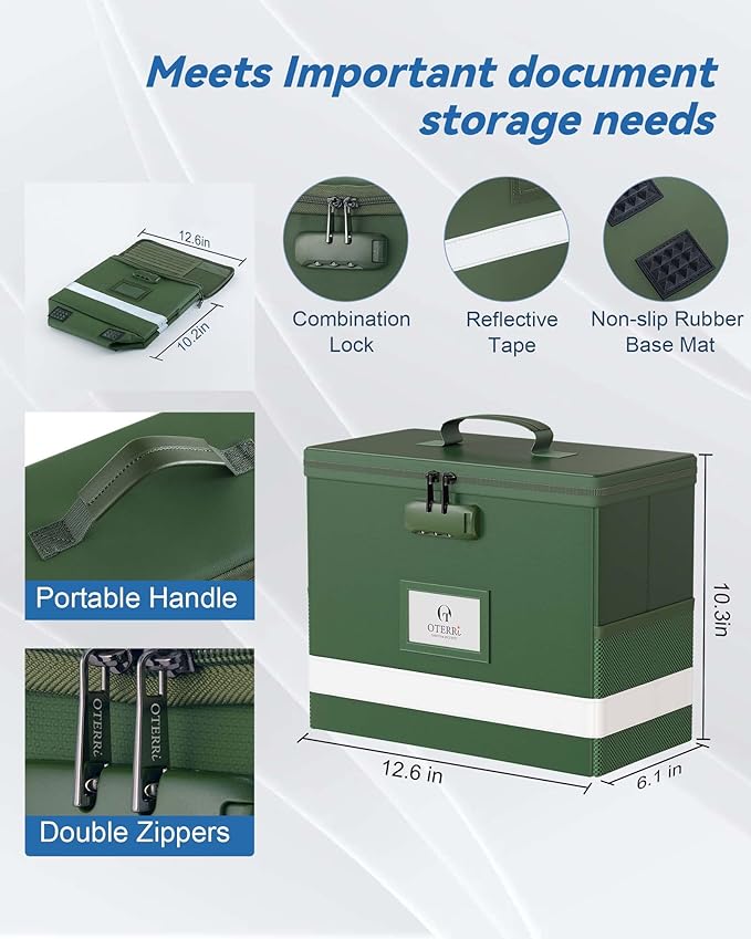 Oterri 2 Pack Fireproof Document Box With Lock, Portable File Safe Box Fireproof Waterproof For Letter Files, Collapsible Fireproof File Box With Handle (Green, 2 Pack)