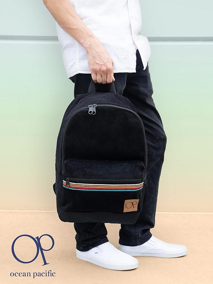 Ocean Pacific OG Corduroy Backpack for Travel, Sports, Beach, Work, Casual Daypack for Men Women Fits 15.6 Inch Laptop (Black)
