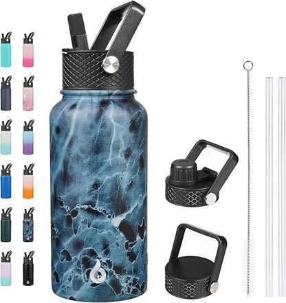 BJPKPK Insulated Water Bottles with Straw Lid, 27oz Stainless Steel Water Bottle with 3 Lids, Leak Proof BPA Free Metal Thermo, Mugs, Tumblers, Keep Cold Hot -Ocean