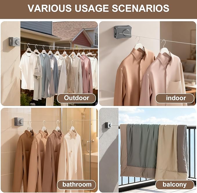 Retractable Clothesline for Outdoor & Indoor Use, 16.73 Ft Heavy Duty Retracting Clothes Line with Single Stainless Steel Rope - Laundry Drying Rack for Bathroom, Outside Areas (Grey)