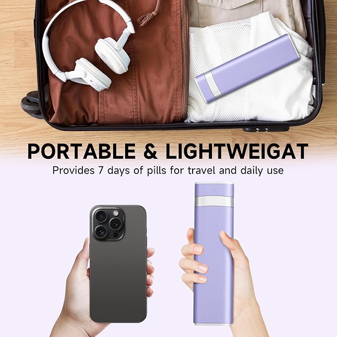 Betife Travel Pill Organizer Weekly 7 Day, Compact Daily Pill Box, Portable Medicine Case, Cute Pill Holder for Vitamins Supplements, Drawer-Shaped Pills Organizer (Purple)