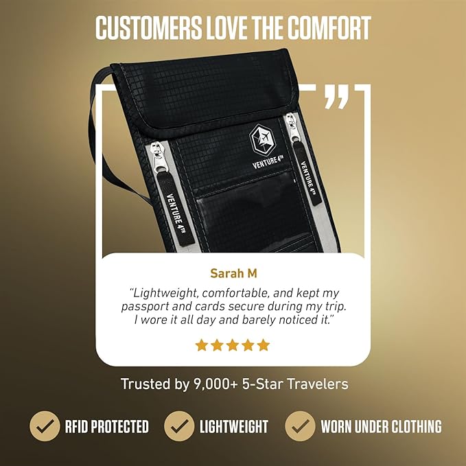 VENTURE 4TH Neck Wallet, RFID Blocking Passport Holder for Travel – Hidden Neck Pouch with 6 Compartments, Slim Lightweight Organizer with Adjustable Strap for Cash, Cards & Passport (Black)