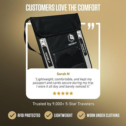 VENTURE 4TH Neck Wallet, RFID Blocking Passport Holder for Travel – Hidden Neck Pouch with 6 Compartments, Slim Lightweight Organizer with Adjustable Strap for Cash, Cards & Passport (Black)
