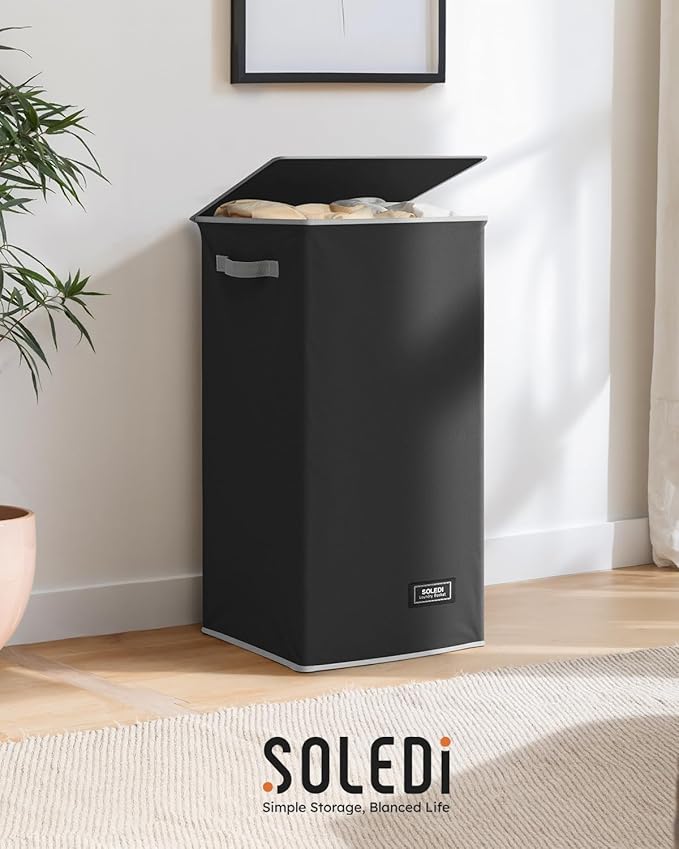 SOLEDI Laundry Hamper Black with Lid and Removable Bag - 100L Large and Tall Laundry Basket Collapsible with Handle for Clothing and Toys Storage - Dirty Clothes Hamper for Bedroom, bathroom, dorm