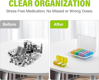 Vikie Weekly Pill Organizer 3 Times a Day, Morn NOON Night, BPA-Free, Portable & Moisture-Proof for Pills, Vitamins, Supplements (3x7 Transparent + Rainbow)