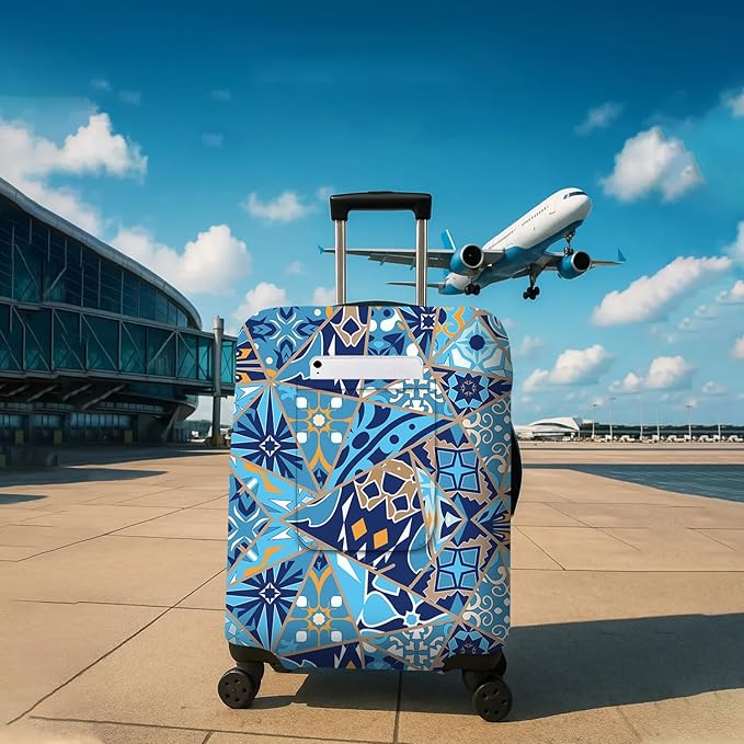 Portuguese Tiles Travel Luggage Cover, Travel-Themed Suitcase Protector Stretchable, Washable Travel Suitcase Cover (M for 22-24 Inch Luggage)