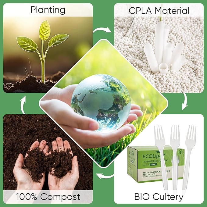 ECOLipak 100% Compostable Forks 150 Pack, 7 Inch Large Size Biodegradable Disposable Cutlery Forks, Heavy Duty Bio based CPLA Utensils for Party, BBQ, Picnic
