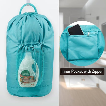 Backpack Laundry Bag with Straps and Detergent Holder, Clothes Laundry Backpack for College Travel Apartment Dorm Room (Green)